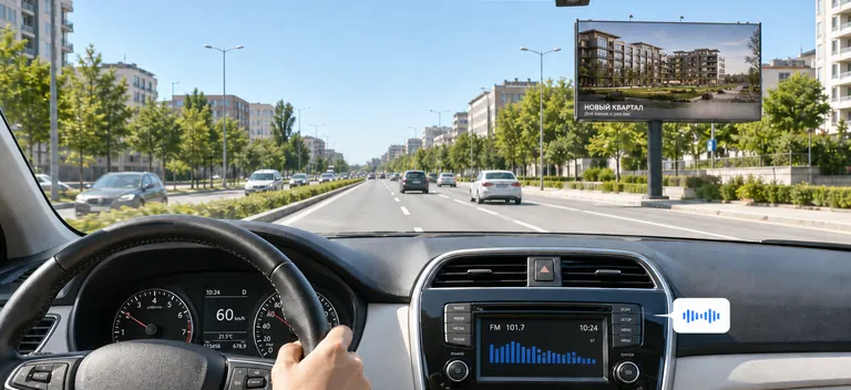 Панель автомагнитолы и городская дорога днём